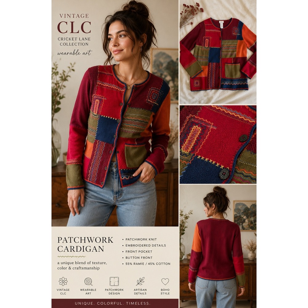 Vintage‎ CLC Wearable Art Patchwork Embroidered Cardigan Sweater S